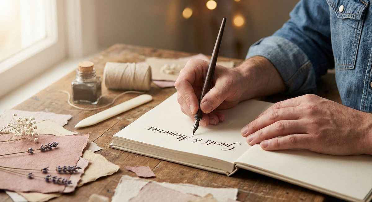 Martin Grass bei der Kalligraphie-Arbeit an einem handgebundenen Gästebuch